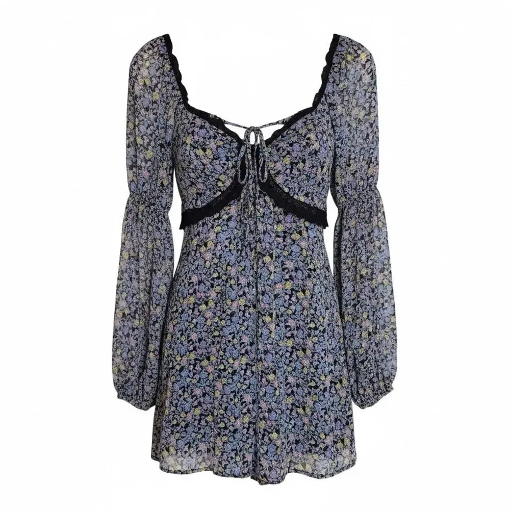 Free People Pennie Mini Dress floral print, long blouson sleeves lace trim XS